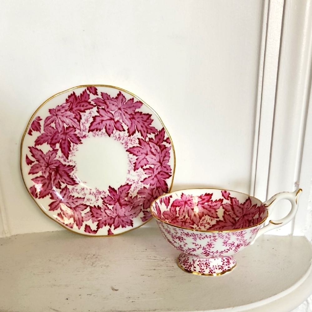 COALPORT MAGNETA PINK RED TRANSFER TEA CUP AND SAUCER